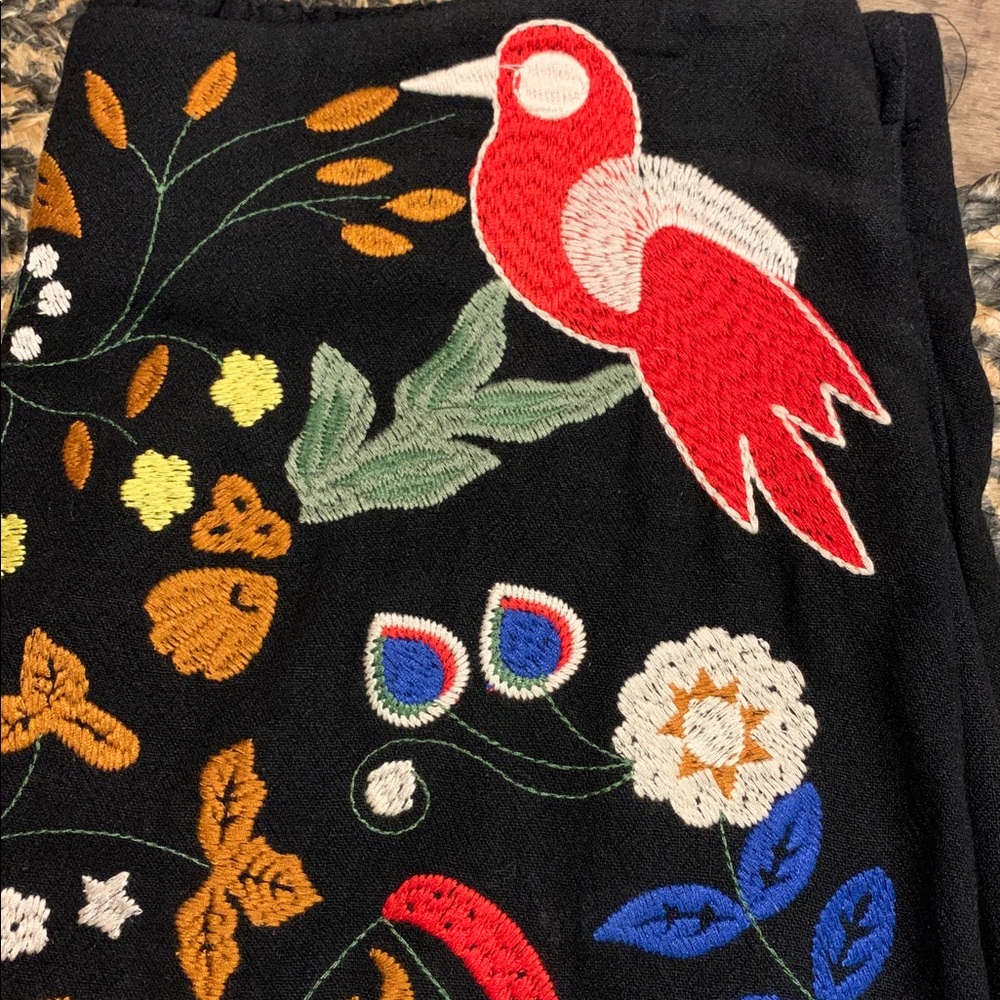Umgee Pom Pom Black Mini Skirt with Colorful Embroidered Birds and Florals - Picture 5 of 12